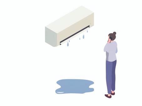 水漏れしているエアコンと電話する女性 電化製品,機械,エアコン,冷房,水漏れ,トラブル,家電,アイソメ,おしゃれ,故障のイラスト素材