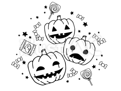 ハロウィンの挿し絵②かぼちゃとお菓子白黒