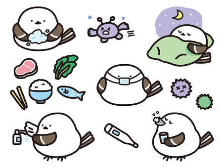 風邪予防をするシマエナガセット シマエナガ,エナガ,鳥,野鳥,動物,手洗い,泡,石鹸,早寝,睡眠のイラスト素材