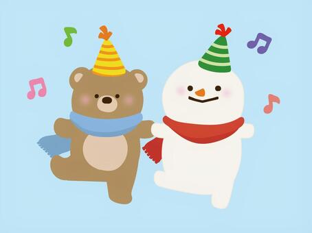 ダンスをするクマと雪だるま 動物,冬,クマ,雪だるま,ダンス,踊る,遊び,子供,ペア,1月のイラスト素材
