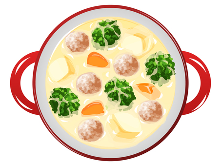ミートボールのクリームシチュー（鍋）2 シチュー,ミートボール,スープ,料理,じゃがいも,にんじん,ブロッコリー,食べ物,冬,鍋のイラスト素材