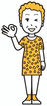  大阪のおばちゃん(黄)-018-全身 オッケー,おばちゃん,大阪,ヒョウ柄,おばはん,中年,女性,関西,派手,おばさんのイラスト素材