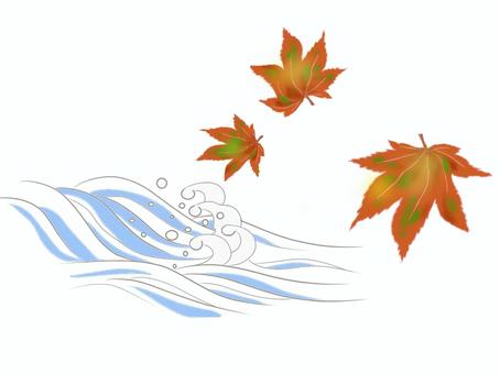 流水に紅葉 もみじ,流水,紅葉,風情,秋,紅葉狩り,きれい,おしゃれ,ハガキ,ポストカードのイラスト素材