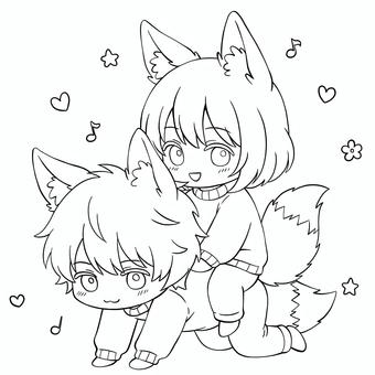 遊んでいる2人 遊んでいる2人 獣人,獣耳,尻尾,塗り絵,線画,人物,2人,デフォルメ,可愛い,のほほんのイラスト素材