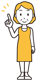  エプロンおばちゃん(黄)-127-全身 指差し,笑顔,おばちゃん,エプロン,お母さん,ママ,中年,おばさん,主婦,人物のイラスト素材