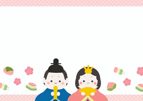 ひな祭りのひな人形と和菓子のフレーム ひなまつり,春,ひな祭り,背景,フレーム,桃,菱餅,桜餅,桃の花,三色団子のイラスト素材