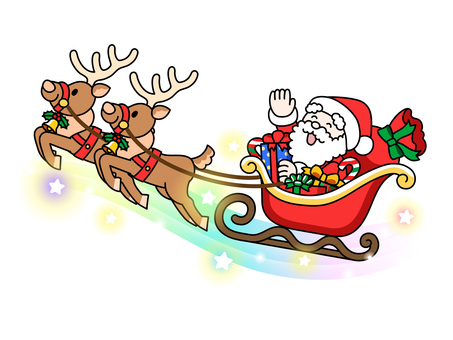 空を飛ぶサンタクロースとトナカイ クリスマス,サンタクロース,トナカイ,そり,プレゼント,聖夜,ジングルベル,虹,星,キラキラのイラスト素材