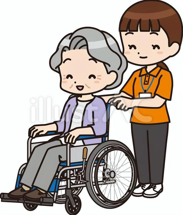 車椅子のおばあさんと介護士の女性 人物,女性,おばあさんのイラスト素材