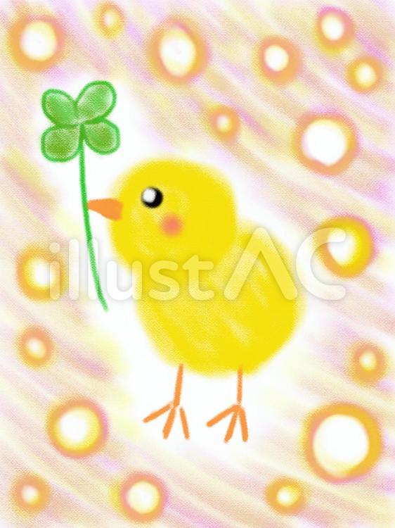 クローバーをくわえてるひよこ　鉛筆画 ひよこ,色鉛筆画,アナログ風のイラスト素材