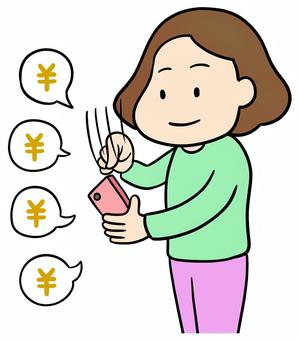スマホで推しに課金する女性05 推し活,貢ぐ,女性,推し,ライバー,ライブ,アイテム,配信,課金,投げ銭のイラスト素材
