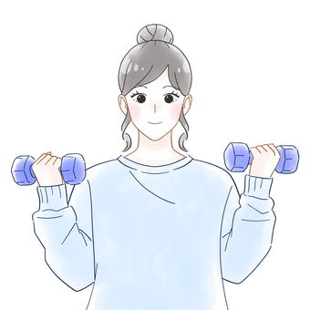 ダンベルを持つ女性　水彩風イラスト 女性,成人,若い,ダンベル,2個,持つ,筋トレ,鍛える,エクササイズ,フィットネスのイラスト素材
