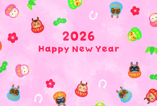 CMYK/午だるまパターンの年賀状/桃 午,だるま,パターン,壁紙,ポップ,ベクター,蹄鉄,梅,竹,松のイラスト素材