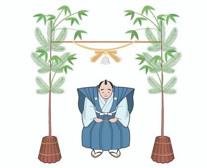 江戸時代　門松飾りの前であいさつ 江戸時代,門松,正月,あいさつ,紋付,袴,武家,門前のイラスト素材