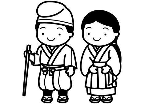 平安人庶民-1c 平安時代,庶民,服装,烏帽子,帽子,着物,小袖,袴,草履,杖のイラスト素材