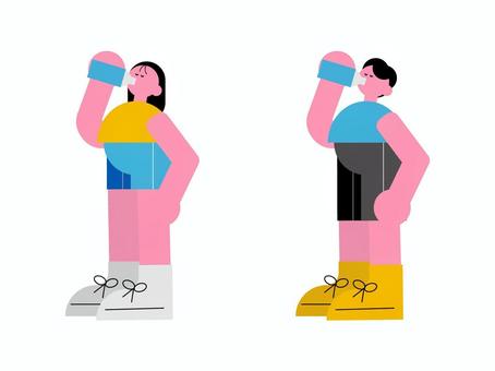 水分補給をする若い男女のセット 水分補給,飲む,水,飲料,スポーツドリンク,スポーツ,運動,男性,女性,男女のイラスト素材