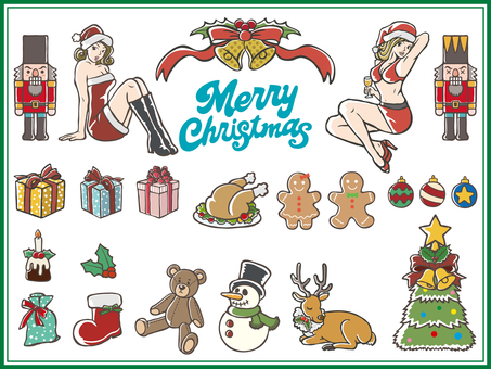 クリスマス素材-2 クリスマス,くるみ割り人形,女性,コスプレ,ギャル,プレゼント,ボックス,箱,ターキー,七面鳥のイラスト素材