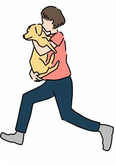 中型犬を抱いて走る女性　カラー 犬,移動,ダッシュ,女性,全身,カラーのイラスト素材