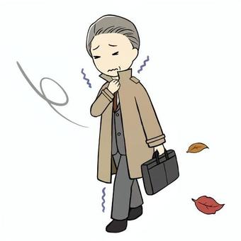 寒がりながら出勤する中年会社員男性 寒い,寒がる,歩く,木枯らし,北風,会社員,中年,男性,上司,部長のイラスト素材