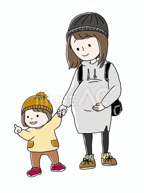 妊婦さんと子供 女性,かわいい,手描きのイラスト素材