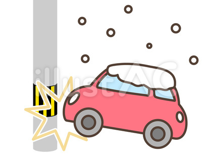 雪の中で電柱にぶつかる車