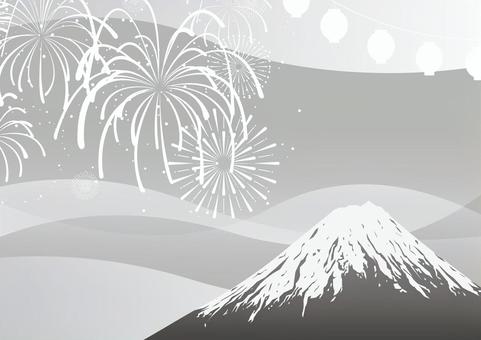かっこいい夏の夜の花火と富士山の和風素材 夏,花火,提灯,富士山,日本,和風,曲線,モノトーン,背景のイラスト素材