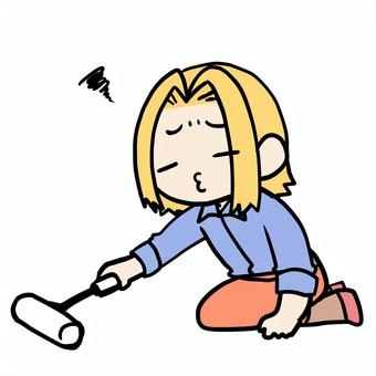 コロコロをかける不満な金髪女性 金髪,コロコロ,掃除,不満,いやいや,不本意,やりたくない,義務,役割,趣味のイラスト素材