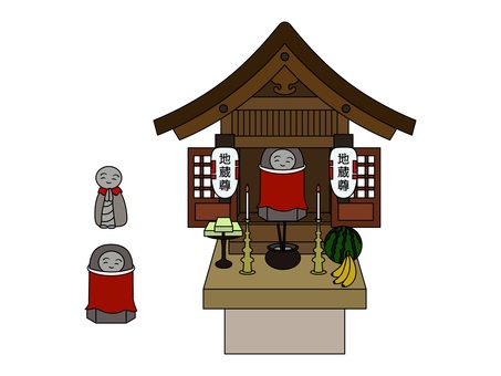 地蔵堂と地蔵セット（主線あり） 地蔵盆,地蔵,地蔵堂,和,伝統,文化,お供え物,提灯,前垂れ,信仰のイラスト素材
