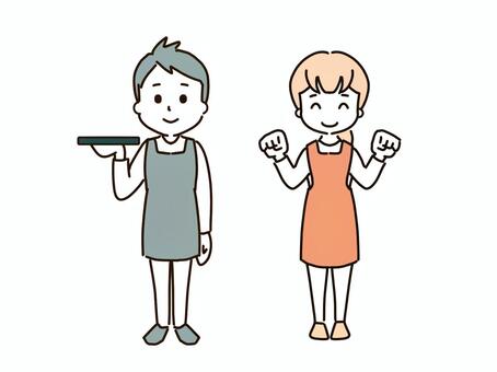 ウエイトレス男女 男性,女性,若い,ウエイトレス,飲食業,接待,ユニホーム,清潔,身だしなみ,接客のイラスト素材