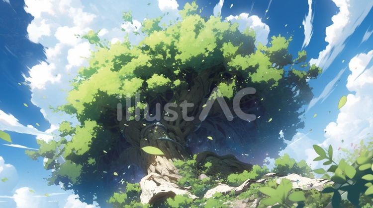 下から見上げる巨木＿アニメ背景 巨木,見上げる,ファンタジーのイラスト素材