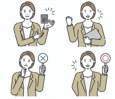 ビジネスウーマン　ポーズ集 女性,仕事,スーツ,手書き,正面,線画,おしゃれ,シンプル,かわいい,清潔感のイラスト素材