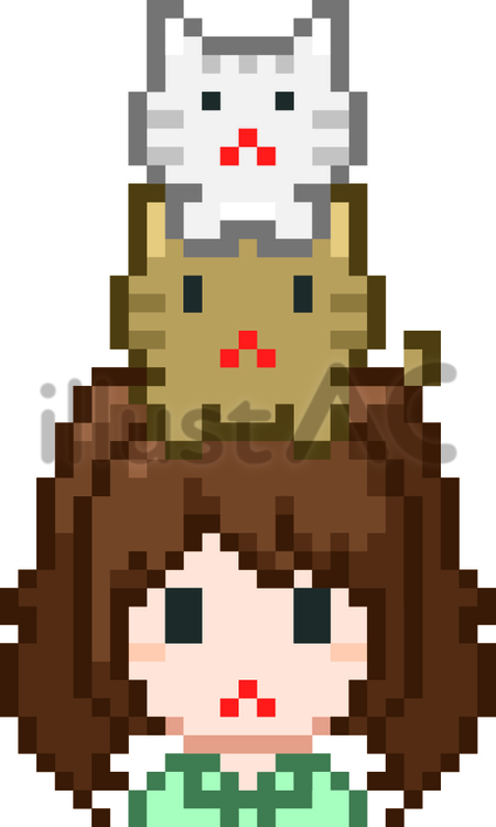 ドット絵の頭の上に乗る猫と子猫です。 ドット絵,猫,シンプルのイラスト素材