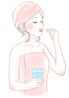 サプリを飲む女性の水彩風イラスト