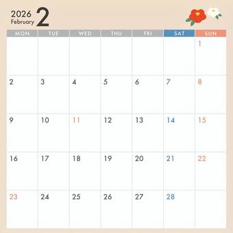 2026年2月　正方形カレンダー カレンダー,2026年,2月,正方形,椿,植物,花,日にち,曜日,商用フリーのイラスト素材