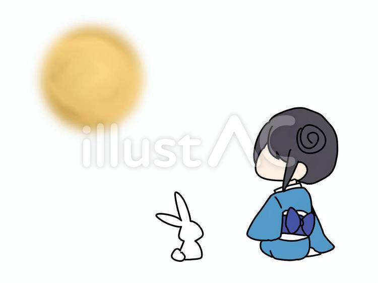 月を見る女性とうさぎ 人物,動物,秋のイラスト素材