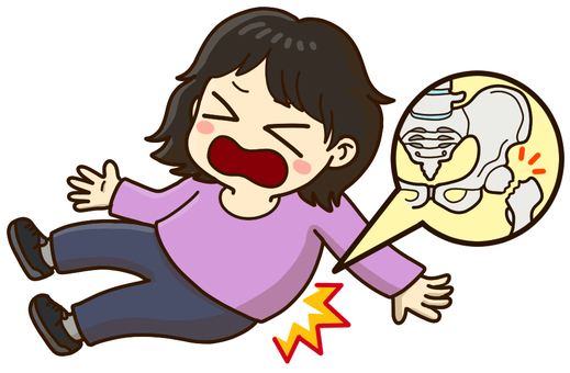 転倒による大腿骨頸部骨折 転倒,転ぶ,尻もち,骨折,怪我,大腿骨頸部骨折,骨粗鬆症,骨,折れる,老化のイラスト素材