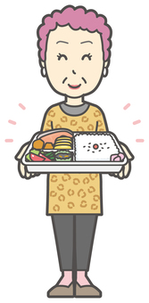  大阪のおばちゃん-038-全身 弁当,おばちゃん,大阪,ヒョウ柄,おばはん,中年,女性,関西,派手,おばさんのイラスト素材