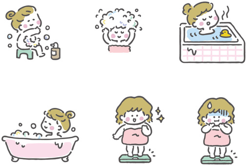 バスタイム 人物,女性,女の子,お風呂,バスタイム,泡風呂,シャンプー,湯船,体重計,ダイエットのイラスト素材
