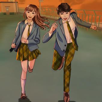 高校生 高校生,夕方,屋上,女の子,男の子のイラスト素材