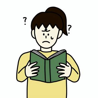 本の内容がわからない女性 女性,人物,本,勉強,読書,シンプル,難しい,わからない,ハテナ,困り顔のイラスト素材