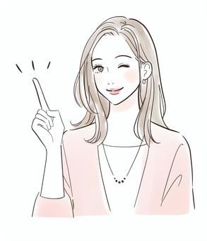 ウインクして指差しする女性 笑顔,女性,指差し,人差し指,ポイント,教える,説明,こちら,情報,アドバイスのイラスト素材