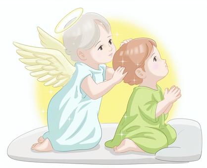 祈る子どもと見守る天使 天使,子ども,祈る,見守る,寝る,見上げる,きらきら,羽のイラスト素材