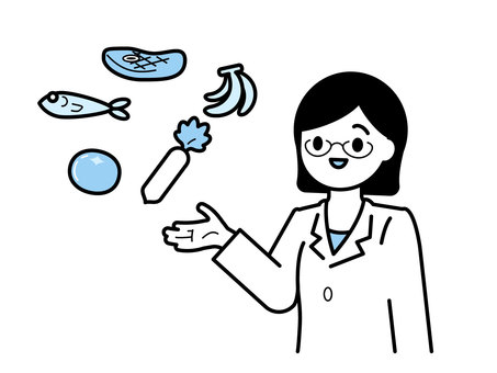 管理栄養士と食べ物03 人物,女性,食べ物,野菜,トマト,大根,魚,肉,バナナ,白衣のイラスト素材