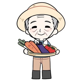 野菜を持って笑顔の農家のおじいちゃん 年配,農作業,人物,人,立ち絵,全身,笑顔,男性,おじいちゃん,祖父のイラスト素材