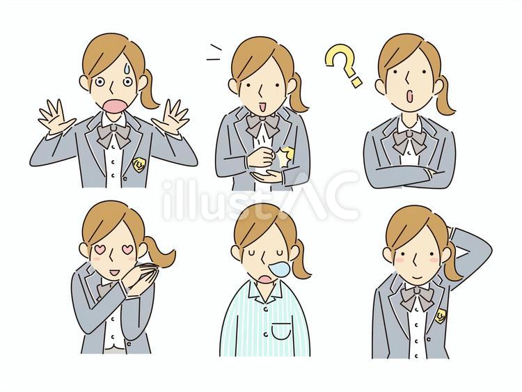 女子生徒の表情集その2 驚き,びっくり,納得のイラスト素材