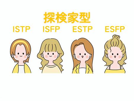 MBTI診断-探検家型 16タイプ,性格,特性,分類,性格診断,mbti,テスト,診断,女性,イラストのイラスト素材