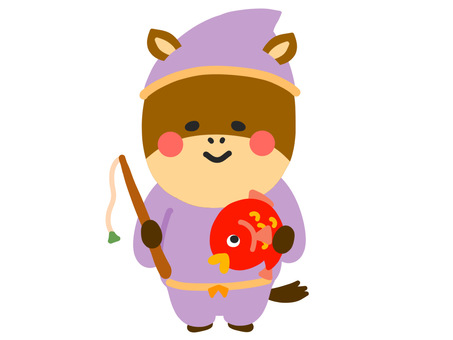 恵比寿馬さん 恵比寿馬さん 恵比寿,七福神,紫,鯛,釣竿,馬,動物,茶色,かわいい,手書きのイラスト素材
