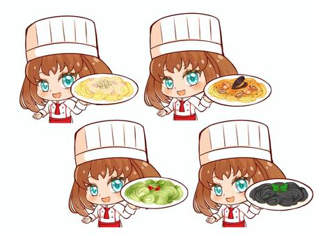 イタリアンシェフとパスタ料理１ イタリアンシェフ,食べ物,パスタ,麺類,カルボナーラ,ペスカトーレ,ジェノベーゼ,イカスミ,萌え系,かわいい系のイラスト素材