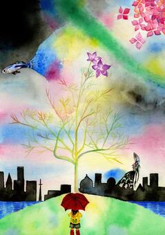 Illustration, guppy, view, umbrella, 