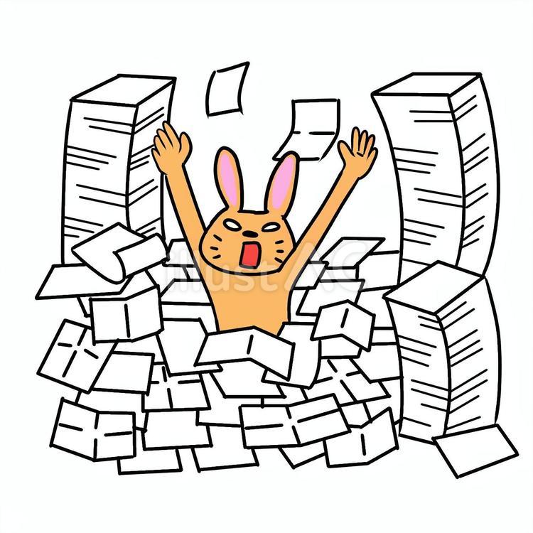 大量の書類に埋もれるうさぎ うさぎ,動物,キャラのイラスト素材