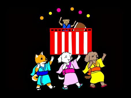 盆踊り 夏,夏祭り,盆踊り,やぐら,太鼓,犬,浴衣姿のイラスト素材